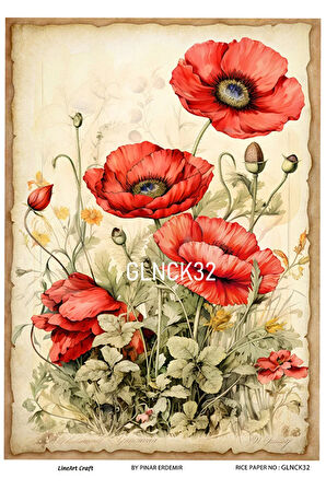 Gelincik Serisi GLNCK32 Gelincik, Çiçek, Kırmızı Desen Pirinç Dekopaj 30x42