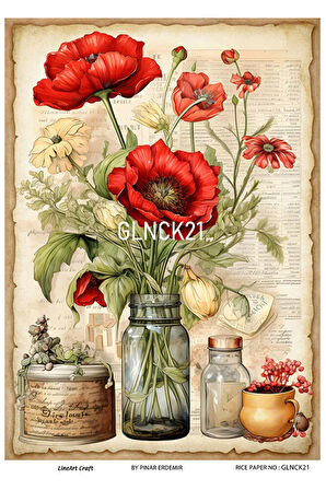 Gelincik Serisi GLNCK21 Gelincik, Çiçek, Kırmızı Desen Pirinç Dekopaj 30x42