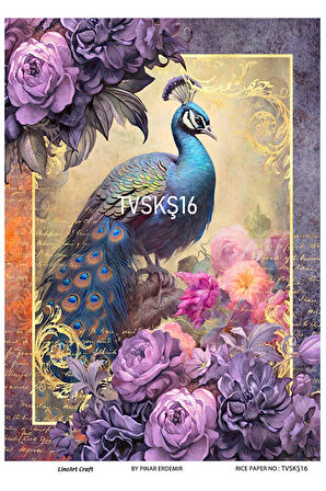 Tavuskuşu Serisi TVSKŞ16 Renkli,Tavuskuşu,  Desenli Pirinç Dekopaj 30x42