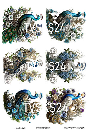 Tavuskuşu Serisi TVSKŞ24 Renkli,Tavuskuşu,  Desenli Pirinç Dekopaj 30x42