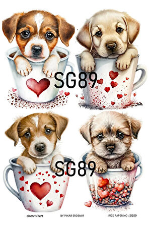 Sevgililer Günü Serisi SG89 Fincanda Köpekler Pirinç Dekopaj 30x42