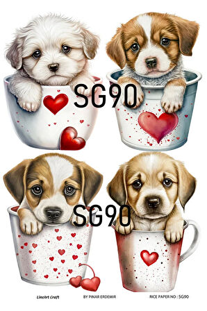 Sevgililer Günü Serisi SG90 Fincanda Köpekler Pirinç Dekopaj 30x42
