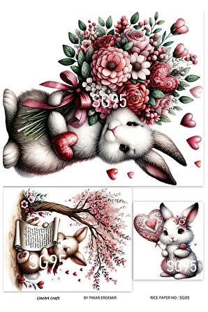 Sevgililer Günü Serisi SG95 Tavşan, Çiçekler, Paskalya Pirinç Dekopaj 30x42