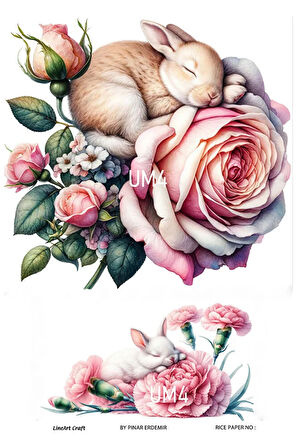 Uyuyan Melek Serisi UM4 Tavşanlar, Çiçekler Pirinç Dekopaj 30x42