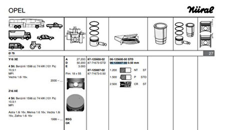 Opel Motor Piston Segmanı (0,50) Astra F Astra G Vectra B Vectra C Zafıra A (x1,6xel Z1,6xe) / (1,6 16v) - Goetze 61256075g