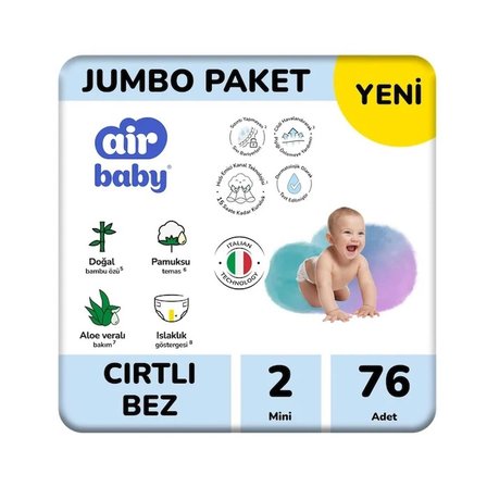 Air Baby Jumbo Paket Mini Bebek Bezi 2 Numara 76 Adet 3-6Kg