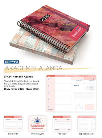 Gıpta 2025 Eylül-2026 Aralık SPİRALLİ Akademik Ajanda 17X24 Cm  Model-10