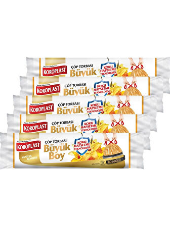 Koroplast | Ekstra Güçlü Büzgülü Çöp Torbası, Büyük Boy 65x70 cm, Vanilya Kokulu, 10'lu Paket