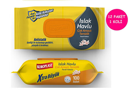 Koroplast Çok Amaçlı Islak Havlu Ferah Koku 100lü Kapaklı 12 Paket 1Koli