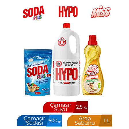 SODA PLUS 500 GR + HYPO ÇAMAŞIR SUYU 2,5 KG + MİSS ARAP SABUNU 1000 ML