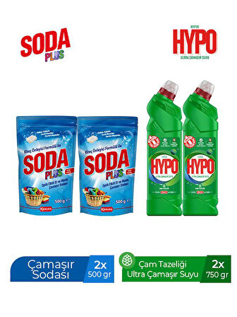 SODA PLUS 500 GR X 2 ADET + HYPER HYPO ULTRA ÇAMAŞIR SUYU ÇAM TAZELİĞİ 750 GR X 2 ADET