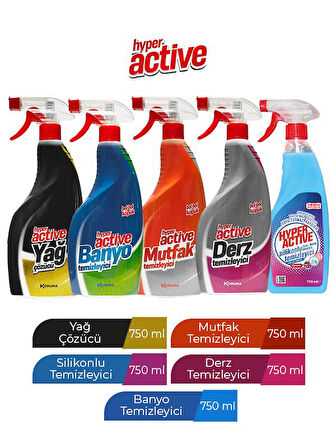 HYPER ACTIVE SPREYLİ 5'Lİ AVANTAJ TEMİZLİK PAKETİ 750 ML