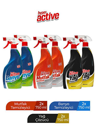 HYPER ACTIVE MUTFAK TEMİZLEYİCİ X 2 ADET + BANYO TEMİZLEYİCİ X 2 ADET + YAĞ ÇÖZÜCÜ X 2 ADET