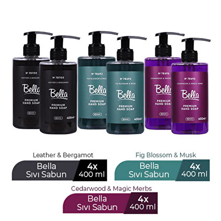 BELLA SIVI SABUN LEATHER&BERGAMOT SİYAH 2 ADET + FIG BLOSSOM&MUSK YEŞİL 2 ADET+ CEDAR&MEGIC MOR  2 ADET