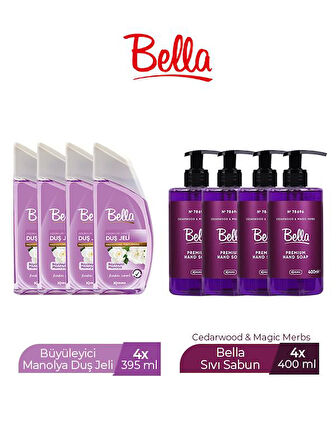 BELLA DUŞ JELİ BÜYÜLEYİCİ MANOLYA 395 ML X 4 ADET + BELLA SIVI SABUN CEDAR&MAGİC 400 ML X 4 ADET