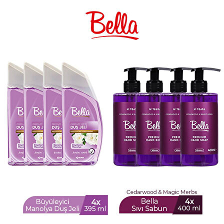 BELLA DUŞ JELİ BÜYÜLEYİCİ MANOLYA 395 ML X 4 ADET + BELLA SIVI SABUN CEDAR&MAGİC 400 ML X 4 ADET