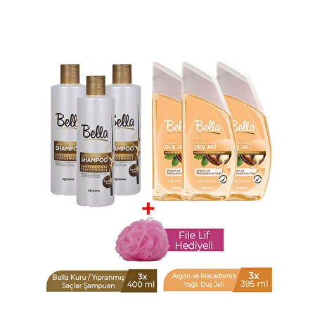 BELLA KURU&YIPRANMIŞ SAÇLAR İÇİN ŞAMPUAN 400ML X 3 ADET + BELLA DUŞ JELİ ARGAN&MACADEMIA 395ML X 3 ADET -LİF HEDİYELİ