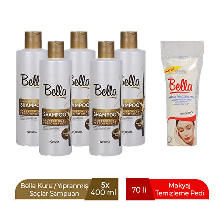 BELLA ŞAMPUAN KURU/YIPRANMIŞ SAÇLAR 400 ML x 5 ADET - BELLA MAKYAJ TEMİZLEME PEDİ 70'Lİ