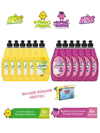 MİSS BULAŞIK PAKETİ 500 ML LİMON X 6 + BUBBLE X 6 + BULAŞIK SÜNGERİ HEDİYELİ