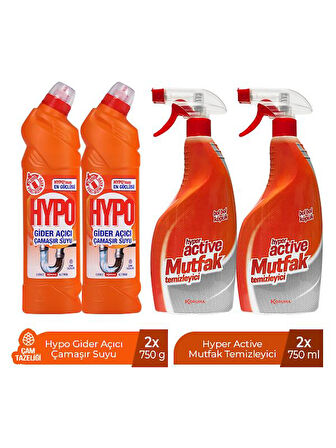 HYPO GİDER AÇICI ÇAMAŞIR SUYU ÇAM TAZELİĞİ 750 GR x 2 + HYPER ACTİVE MUTFAK TEMİZLEYİCİ 750 ML X 2