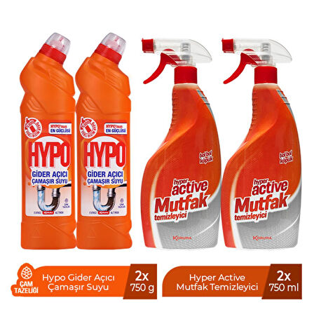 HYPO GİDER AÇICI ÇAMAŞIR SUYU ÇAM TAZELİĞİ 750 GR x 2 + HYPER ACTİVE MUTFAK TEMİZLEYİCİ 750 ML X 2