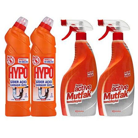 HYPO GİDER AÇICI ÇAMAŞIR SUYU ÇAM TAZELİĞİ 750 GR x 2 + HYPER ACTİVE MUTFAK TEMİZLEYİCİ 750 ML X 2