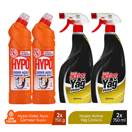 HYPO GİDER AÇICI ÇAMAŞIR SUYU ÇAM TAZELİĞİ 750 GR x 2 + HYPER ACTİVE YAĞ ÇÖZÜCÜ 750 ML X 2