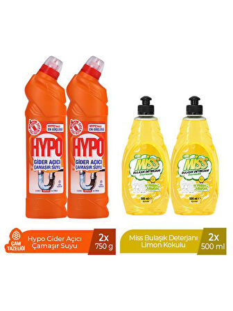 HYPO GİDER AÇICI ÇAMAŞIR SUYU ÇAM TAZELİĞİ 750 GR x 2 + MİSS BULAŞIK DETERJANI LİMON 500 ML X2