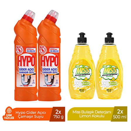 HYPO GİDER AÇICI ÇAMAŞIR SUYU ÇAM TAZELİĞİ 750 GR x 2 + MİSS BULAŞIK DETERJANI LİMON 500 ML X2