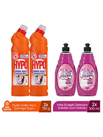 HYPO GİDER AÇICI ÇAMAŞIR SUYU ÇAM TAZELİĞİ 750 GR x 2 + MİSS BULAŞIK DETERJANI BUBBLE 500 ML X2