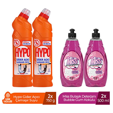 HYPO GİDER AÇICI ÇAMAŞIR SUYU ÇAM TAZELİĞİ 750 GR x 2 + MİSS BULAŞIK DETERJANI BUBBLE 500 ML X2