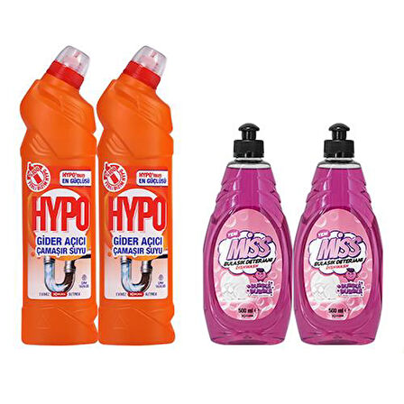 HYPO GİDER AÇICI ÇAMAŞIR SUYU ÇAM TAZELİĞİ 750 GR x 2 + MİSS BULAŞIK DETERJANI BUBBLE 500 ML X2