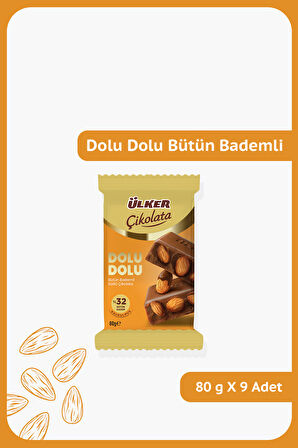 DOLU DOLU %32 Bütün Bademli Sütlü Çikolata - 80 gram - 9 Adet