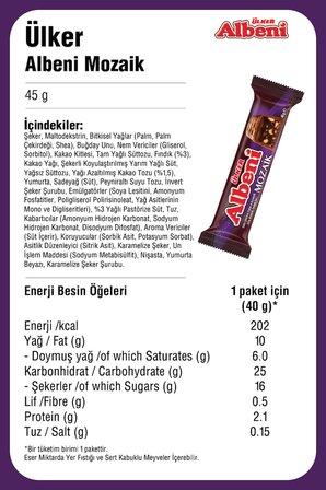 ALBENİ Mozaik - Sütlü Çikolatalı,Kakao ve Karamel Soslu,Bisküvili Fındıklı Bar - 45 gram - 18 Adet