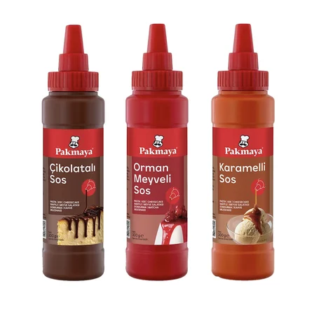 Pakmaya Sıvı Tatlı-Pasta-Dondurma Sosu 300 ml 3 lü Karma Paket - Çikolata - Karamel - Orman Meyveli