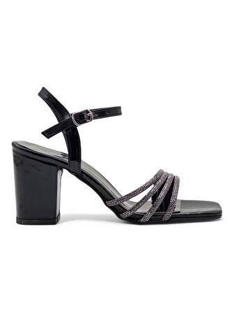 PANDORA MODA Y25.50.03 DÖRT ŞERİT TAŞLI KADIN KALIN TOPUKLU ABİYE SİYAH