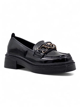 ŞANZELİZE TOKA DETAYLI KADIN LOAFER AYAKKABI RUGAN SİYAH