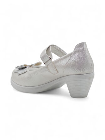 VARKAN FİYONKLU TOPUKLU KIZ ÇOCUK BABET AYAKKABI GÜMÜŞ