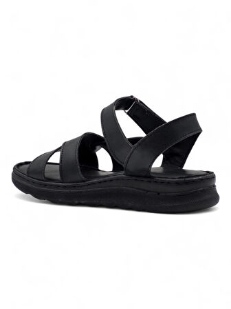 MR WHİTE YAN ATKILI HAKİKİ DERİ KADIN SANDALET SİYAH