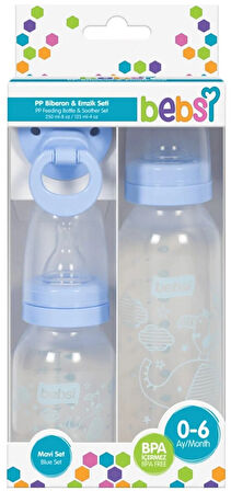 Bebsi Biberon ve Emzik Seti PP Mavi (250ML+ 125ML+ Emzik)
