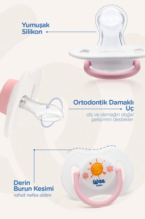 Wee Baby 2'li Gece Gündüz Damaklı Silikon Emzik 0-6 Ay (Saklama Kabı Hediyeli) Pembe