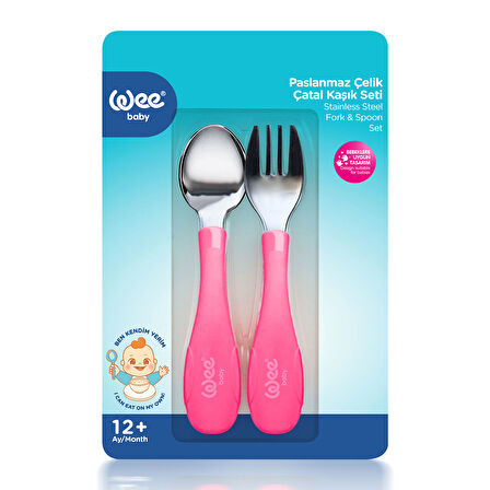 Wee Baby Paslanmaz Çelik Kaşık Çatal Seti Pembe