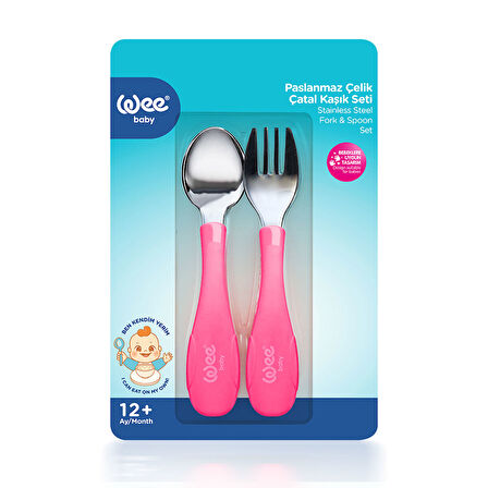 Wee Baby Paslanmaz Çelik Kaşık Çatal Seti - PEMBE