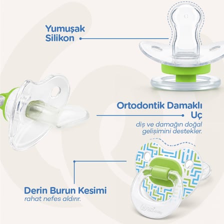 Wee Baby Şeffaf Desenli Damaklı Silikon Emzik 18+ Ay Yeşil