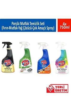 Porçöz Mutfak Temizlik seti (Fırın Temizleyici-Mutfak Temizleyici-Yağ Çözücü-Çok Amaçlı Sprey) 4 x 7