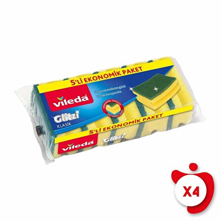 Vileda Glitzi Klasik Yeşil Oluklu Bulaşık Süngeri 5'li Eko 4 Paket