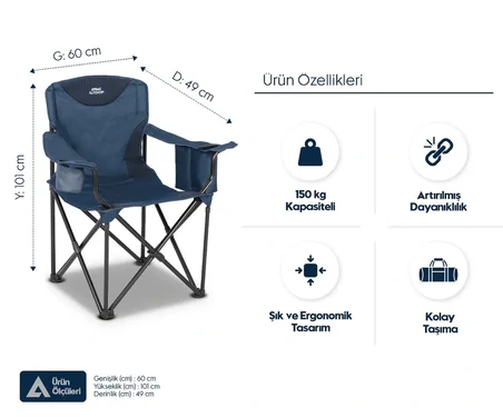 ÇELİK KATLANIR KAMP SANDALYESİ XXL KING SIZE – Lacivert, 150 kg Kapasiteli, Güçlü ve Pratik – Buzluk, Termal Bardaklık, Dolgulu Kolçak, PVC Kaplama, Taşıma Çantası