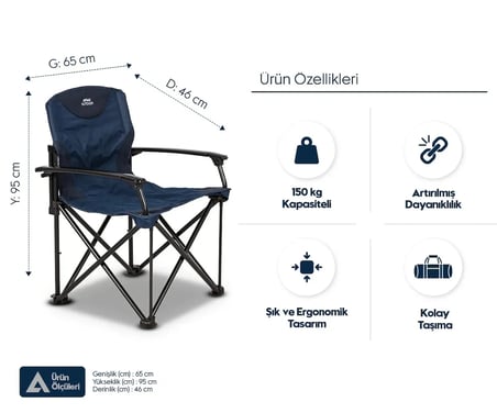ÇELİK KATLANIR KAMP SANDALYESİ XXL KING SIZE – Lacivert, 150 kg Kapasiteli, Güçlü ve Rahat – Elyaf Dolgulu Sırt Desteği, Sert Plastik Kolçaklar, Taşıma Çantası