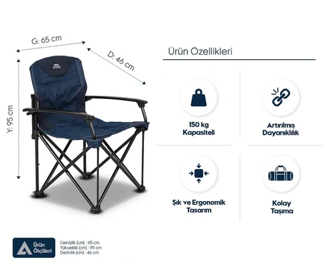 ÇELİK KATLANIR KAMP SANDALYESİ XXL KING SIZE – Lacivert, 150 kg Kapasiteli, Güçlü ve Rahat – Elyaf Dolgulu Sırt Desteği, Sert Plastik Kolçaklar, Taşıma Çantası