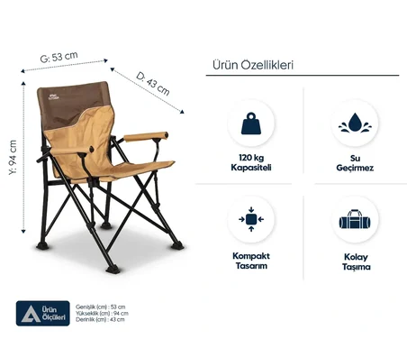 ÇELİK KATLANIR KAMP SANDALYESİ – 120 kg Kapasiteli, Rahat ve Dayanıklı – PVC Kumaş Kaplı Kolçaklar, Taşıma Çantası